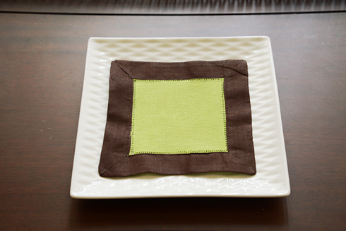 Multicolor Hemstitch Cocktail Napkin 6". Hot Green & Chocolate - Click Image to Close